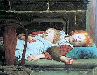 炉子长凳上两个熟睡的女孩 Two sleeping girls on the stove bench (1895)，阿尔布雷希特·安克尔
