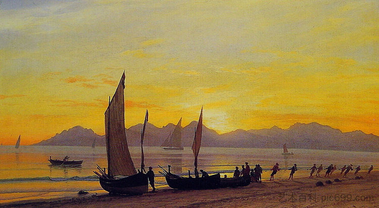 日落时分上岸的船 Boats Ashore at Sunset，阿尔伯特·比尔施塔特