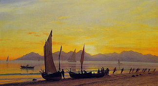 日落时分上岸的船 Boats Ashore at Sunset，阿尔伯特·比尔施塔特