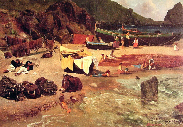 卡普里岛的渔船 Fishing Boats at Capri (1857)，阿尔伯特·比尔施塔特