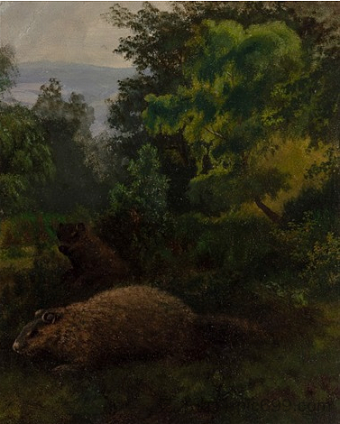 威斯特伐利亚森林中的两只土拨鼠 Two Woodchucks in Westphalian Forest (c.1855)，阿尔伯特·比尔施塔特