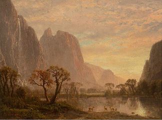 优胜美地山谷的哨兵瀑布和大教堂山峰 Sentinel Falls and Cathedral Peaks in the Yosemite Valley (1864)，阿尔伯特·比尔施塔特