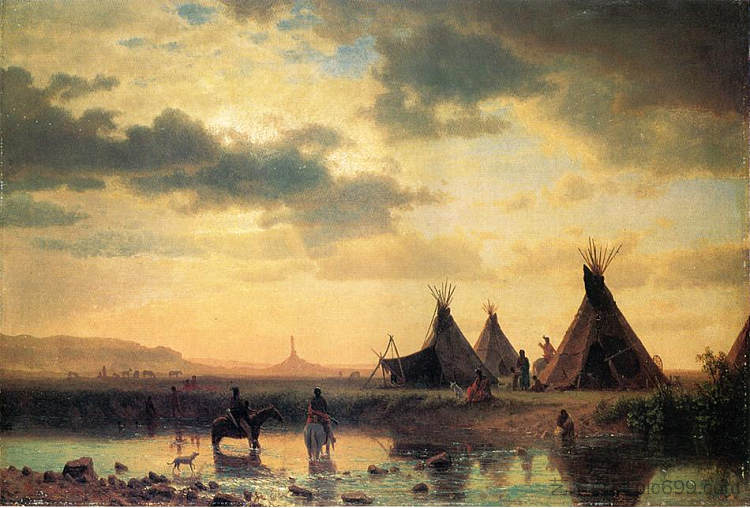 烟囱岩的景色，前景中的奥加利亚拉苏族村庄 View of Chimney Rock, Ogalillalh Sioux Village in Foreground (c.1860)，阿尔伯特·比尔施塔特