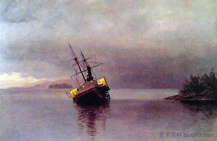 阿拉斯加洛林湾的“安康”号残骸 Wreck of the 'Ancon' in Loring Bay, Alaska (1889)，阿尔伯特·比尔施塔特