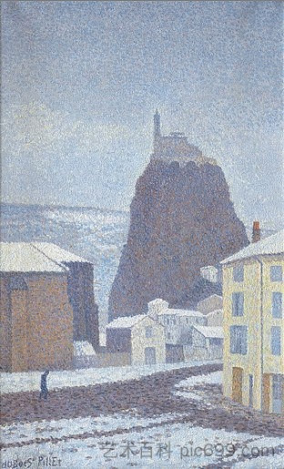 雪下的圣米歇尔德艾吉列（上卢瓦尔河） Saint-Michel d'Aiguilhe (Haute-Loire) Under Snow (1890)，艾伯特杜布瓦皮雷