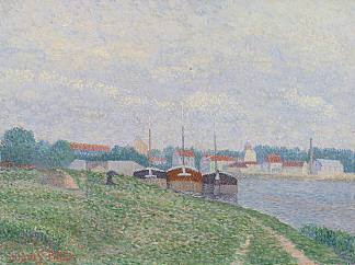 三艘驳船停泊在一个工业城镇的郊区 Three Barges Moored on the Outskirts of an Industrial Town (c.1886)，艾伯特杜布瓦皮雷