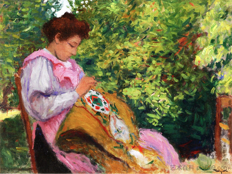 女孩刺绣，坐在花园里 Girl Embroidering, Seated in a Garden (1896)，阿尔贝·马尔凯