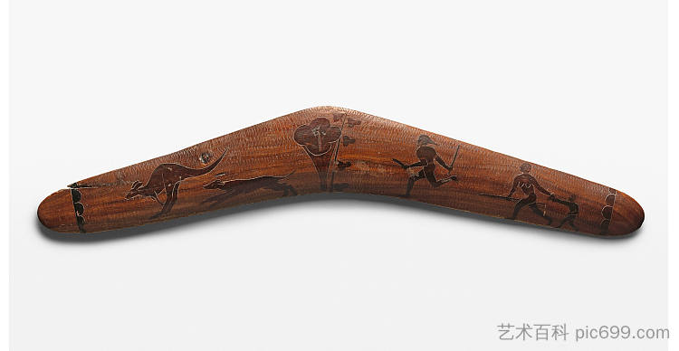 回旋镖装饰着猎人和袋鼠 Boomerang Decorated with Hunters and Kangaroo (c.1936)，阿尔伯特·纳马吉拉