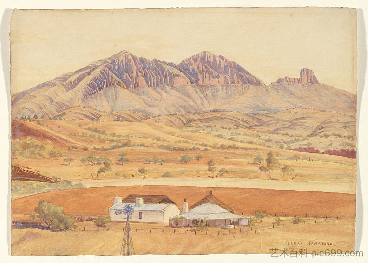 格伦海伦家园和桑德山，澳大利亚中部西麦克唐纳山脉 Glen Helen Homestead and Mount Sonder, West MacDonnell Ranges, Central Australia (1940)，阿尔伯特·纳马吉拉