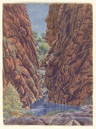 早晨，狭窄的峡谷，澳大利亚中部詹姆斯山脉西部 Morning, Narrow Gap, Western James Range, Central Australia (c.1944)，阿尔伯特·纳马吉拉