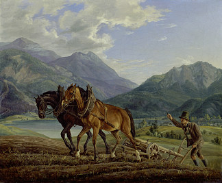 山地景观与耕作农民 Mountain landscape with plowing farmers (1825)，阿尔布雷希特·亚当