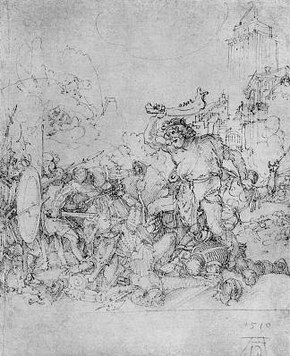 奥格斯堡富格尔教堂的设计 参孙与非利士人作战 Design for the Fugger Chapel in Augsburg Samson fighting the Philistines (1510)，阿尔布雷希特·丢勒