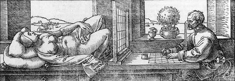 绘图员画一个躺着的女人 Draughtsman Drawing a Recumbent Woman (1525)，阿尔布雷希特·丢勒