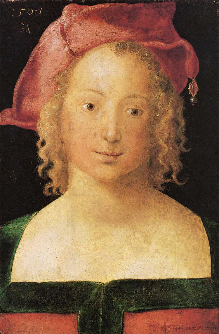 面对一个戴着红色贝雷帽的年轻女孩 Face a young girl with red beret (1507)，阿尔布雷希特·丢勒