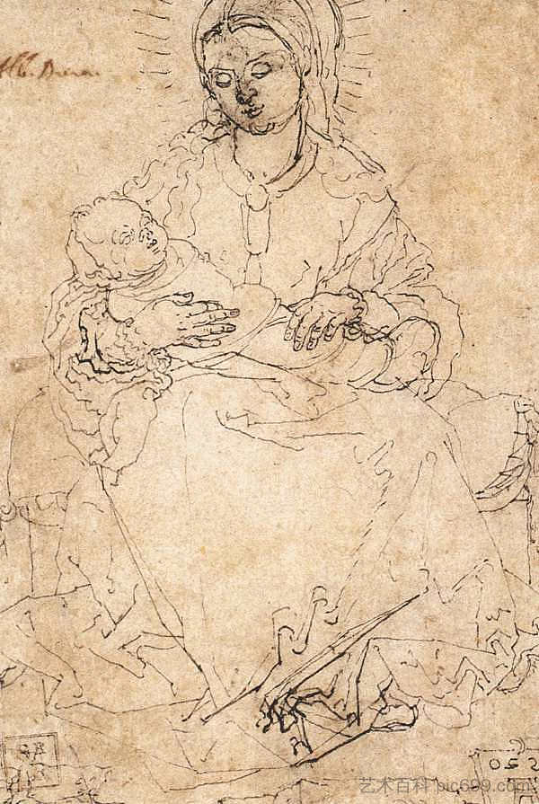 石凳上的麦当娜和孩子 Madonna and Child on a Stone Bench (1520)，阿尔布雷希特·丢勒