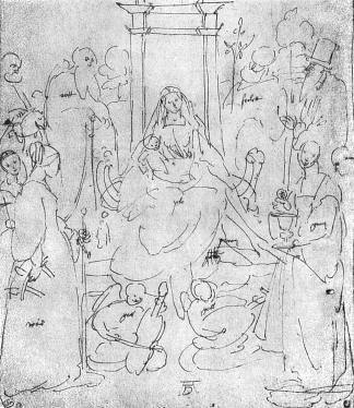 麦当娜和孩子，圣徒和天使玩耍 Madonna and Child, saints and angels playing (1522)，阿尔布雷希特·丢勒