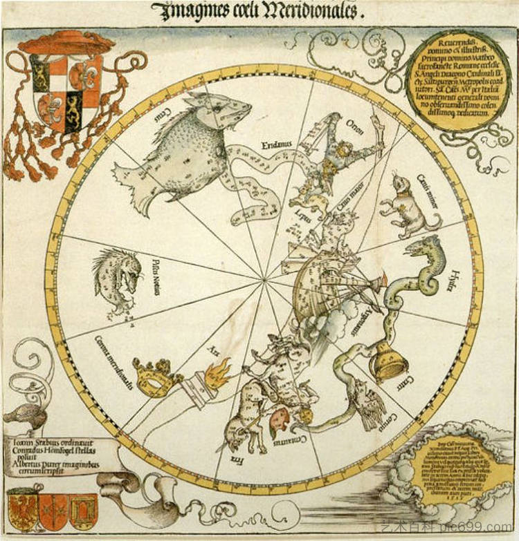 南方天空地图,带有星座的表示,装饰有红衣主教朗·冯·韦伦堡的徽章,以及他的徽章和帝国版权对他的奉献 Map of the Southern Sky, with representations of constellations, decorated with the crest of Cardinal Lang von Wellenburg, and a dedication to him with his coats of arms and the Imperial copyright (1515),阿尔布雷希特·丢勒