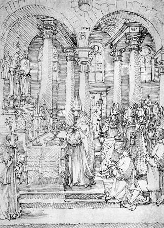 勃兰登堡红衣主教阿尔布雷希特在修道院教堂大厅的弥撒 Mass of Cardinal Albrecht of Brandenburg in the Abbey Church Hall (1523)，阿尔布雷希特·丢勒