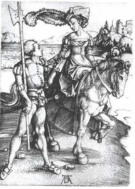 马和兰斯克内特的贵妇人 Noble woman at horses and Lansquenet (c.1497)，阿尔布雷希特·丢勒