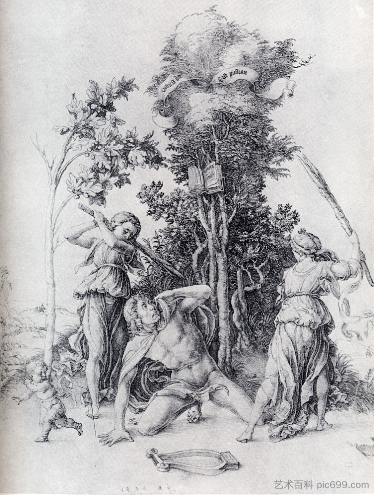 俄耳甫斯被酒神杀死，一个男孩逃跑 Orpheus Slain By Bacchantes, With A Boy Running Away (1494)，阿尔布雷希特·丢勒