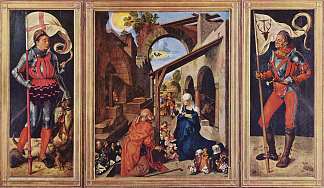 鲍姆加特纳祭坛画（中面板 – 耶稣诞生，翅膀 – 圣乔治，圣尤斯塔斯） Paumgartner Altarpiece (center panel – The Nativity, wings – St. George, St. Eustace) (c.1503)，阿尔布雷希特·丢勒