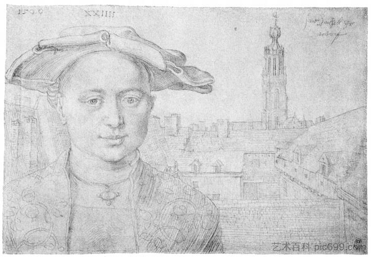 二十四名男子的肖像和安特卫普圣迈克尔的景色 Portrait of a twenty four men and a view of St. Michael in Antwerp (1520 - 1521),阿尔布雷希特·丢勒