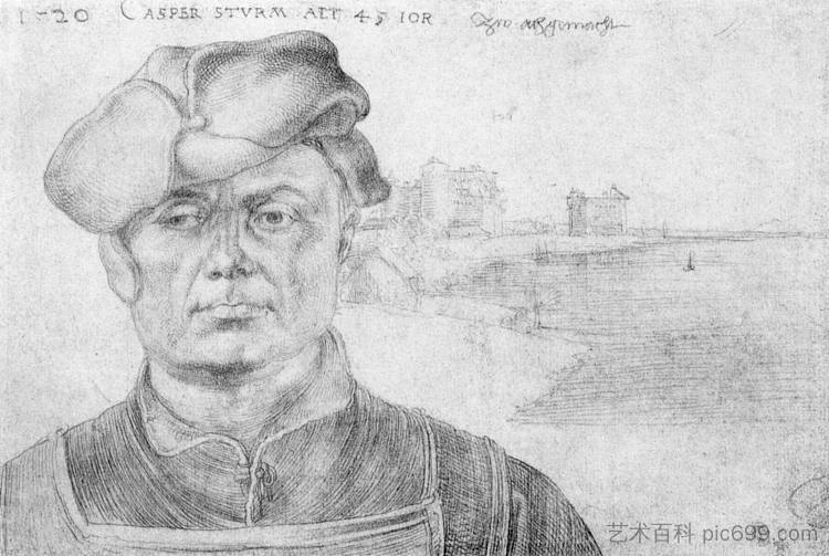 卡斯帕塔和河流景观的肖像 Portrait of Caspar tower and a river landscape (1520)，阿尔布雷希特·丢勒