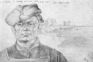 卡斯帕塔和河流景观的肖像 Portrait of Caspar tower and a river landscape (1520)，阿尔布雷希特·丢勒