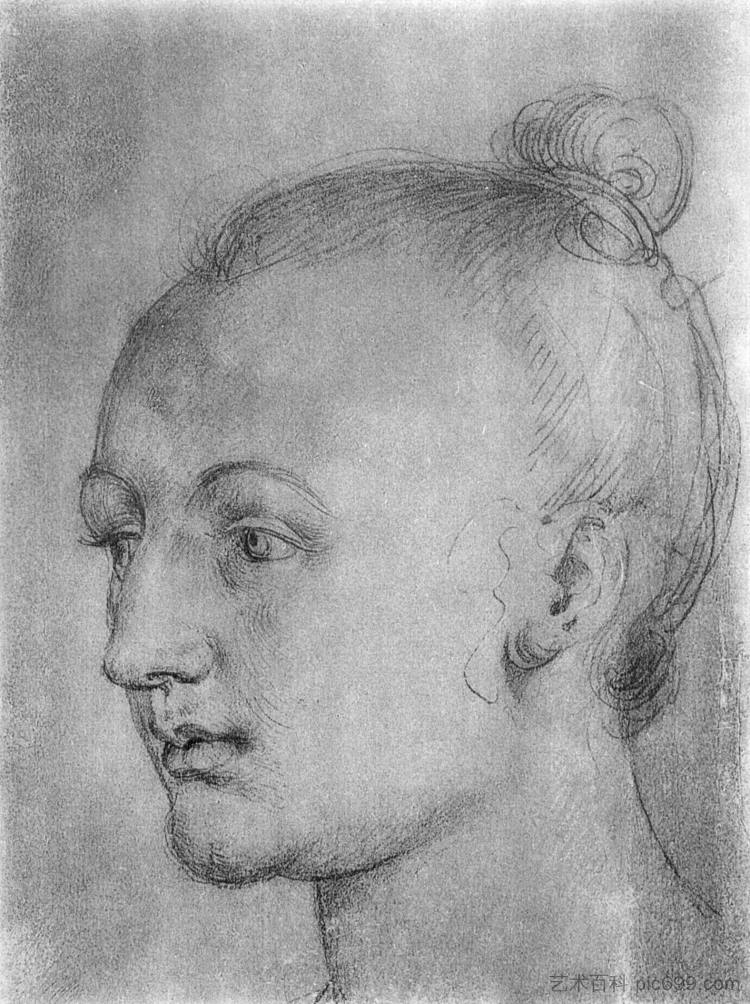 研究一个年轻女孩的伟大“玛丽”头像 Studies on a great "picture of Mary" Head of a Young Girl,阿尔布雷希特·丢勒