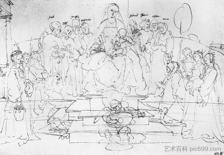 研究一幅伟大的“圣母图”麦当娜和孩子，圣徒和天使玩耍 Studies on a great "picture of the Virgin" Madonna and Child, saints and angels playing (1521)，阿尔布雷希特·丢勒