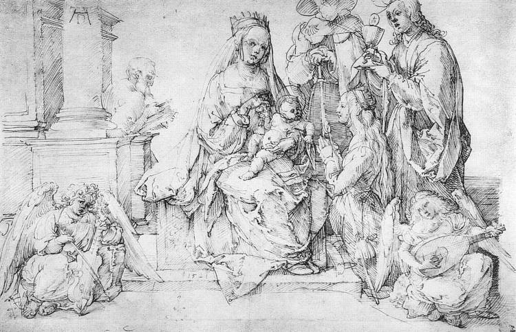 研究一幅伟大的“圣母图”麦当娜和孩子，圣徒和天使玩耍 Studies on a great "picture of the Virgin" Madonna and Child, saints and angels playing (1521)，阿尔布雷希特·丢勒