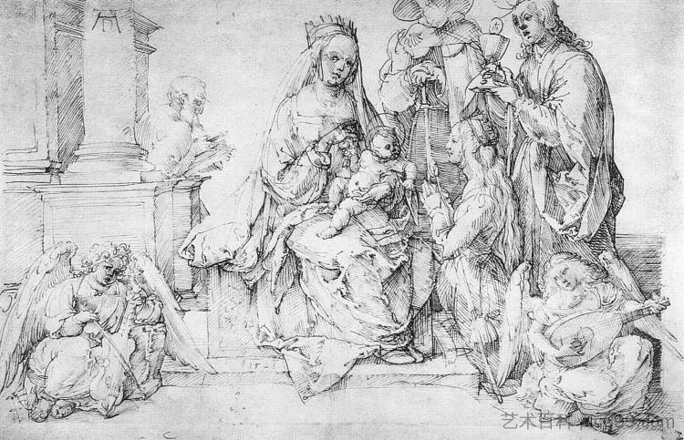 研究一幅伟大的“圣母图”麦当娜和孩子,圣徒和天使玩耍 Studies on a great "picture of the Virgin" Madonna and Child, saints and angels playing (1521),阿尔布雷希特·丢勒