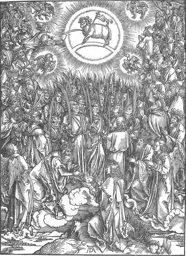 对羔羊的崇拜和选民的赞美诗 The Adoration of the Lamb and the Hymn of the Chosen (1497 - 1498)，阿尔布雷希特·丢勒