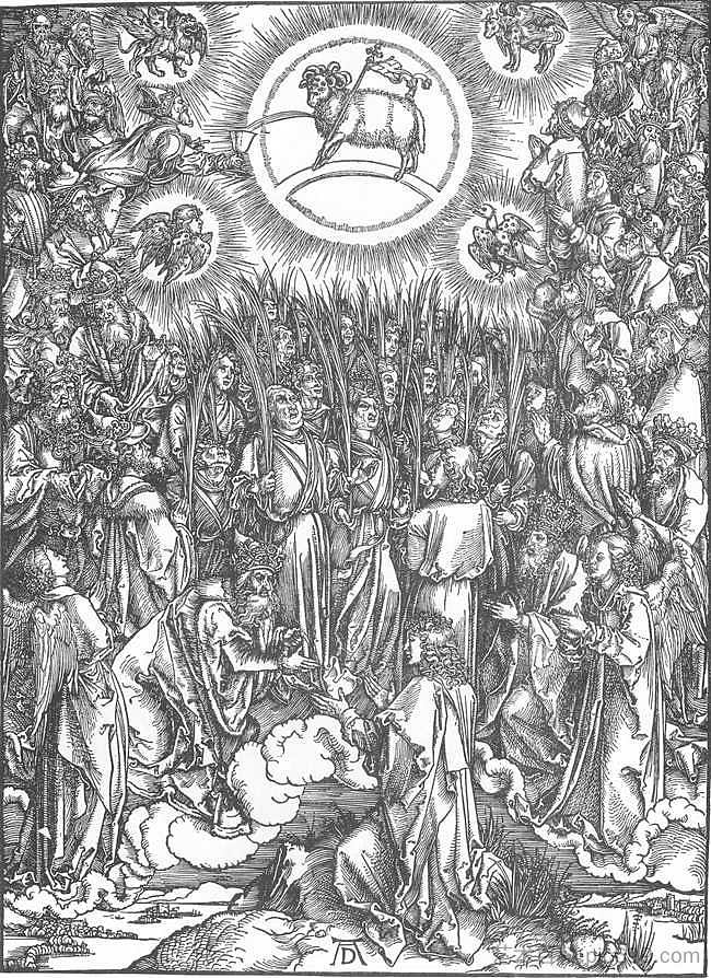 对羔羊的崇拜和选民的赞美诗 The Adoration of the Lamb and the Hymn of the Chosen (1497 - 1498)，阿尔布雷希特·丢勒