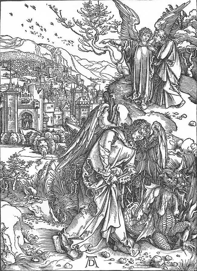 拿着无底洞钥匙的天使 The Angel with the Key to the Bottomless Pit (1497 - 1498)，阿尔布雷希特·丢勒