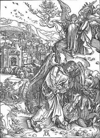 拿着无底洞钥匙的天使 The Angel with the Key to the Bottomless Pit (1497 – 1498)，阿尔布雷希特·丢勒