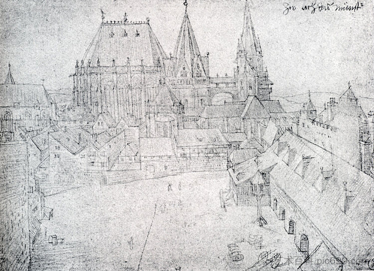 从加冕大厅看到的艾克斯拉夏贝尔大教堂及其周边地区 The Cathedral Of Aix La Chapelle With Its Surroundings, Seen From The Coronation Hall (1520),阿尔布雷希特·丢勒