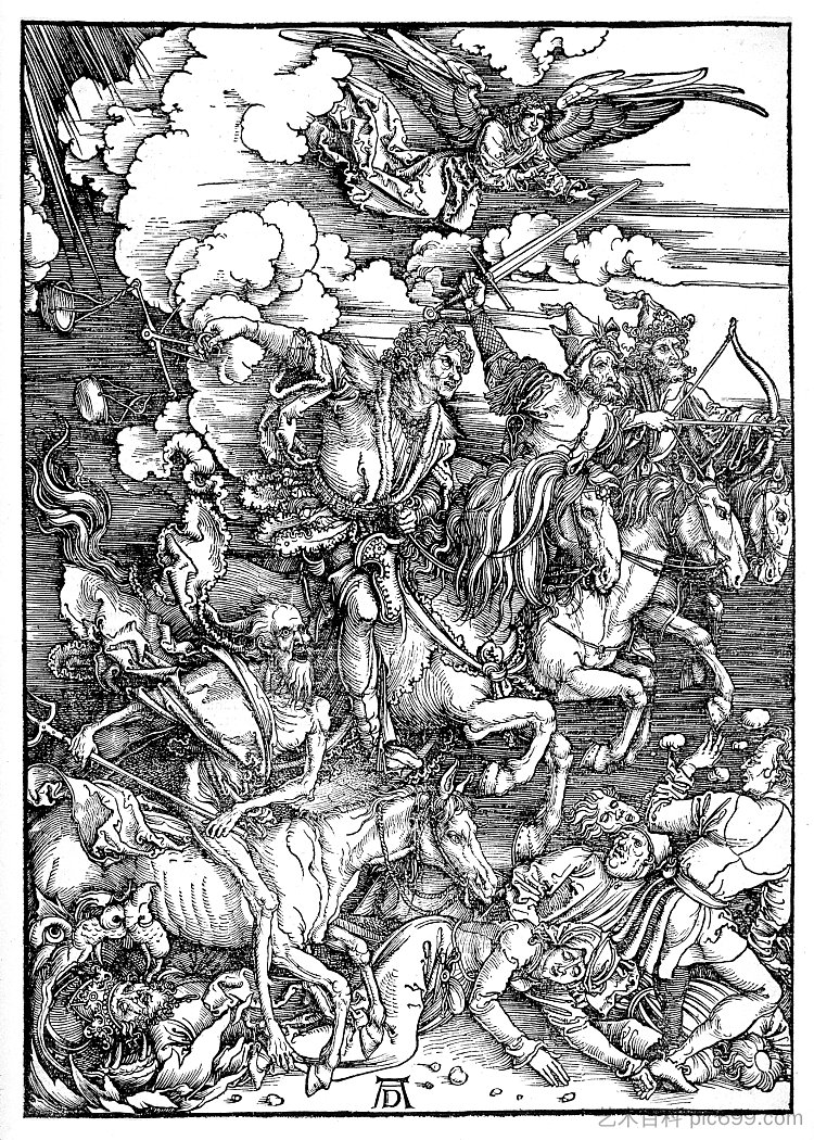 启示录、死亡、饥荒、瘟疫和战争的四骑士 The Four Horsemen of the Apocalypse, Death, Famine, Pestilence and War (1498)，阿尔布雷希特·丢勒