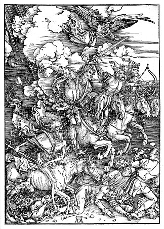 启示录、死亡、饥荒、瘟疫和战争的四骑士 The Four Horsemen of the Apocalypse, Death, Famine, Pestilence and War (1498)，阿尔布雷希特·丢勒