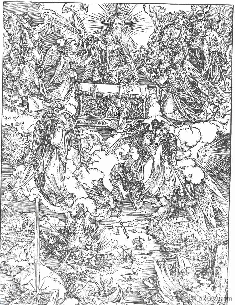 七个号角被赋予天使 The Seven Trumpets Are Given to the Angels (1497 - 1498)，阿尔布雷希特·丢勒