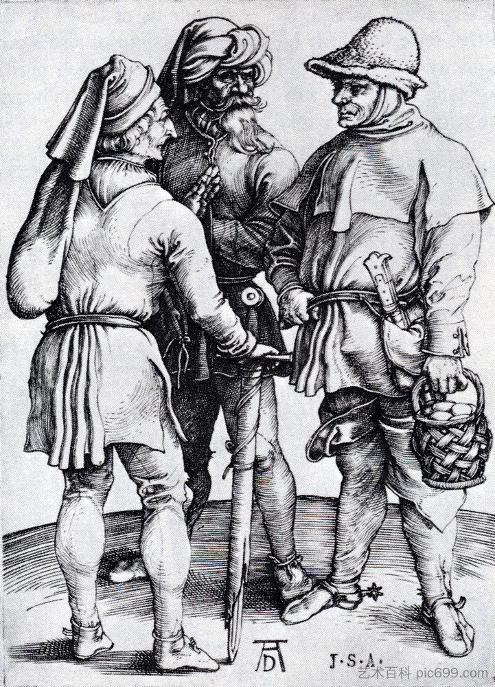 对话中的三个农民 Three Peasants In Conversation (1497)，阿尔布雷希特·丢勒