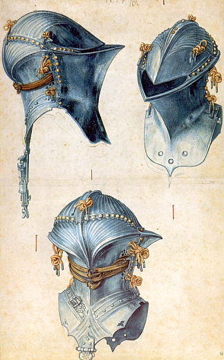 头盔的三项研究 Three studies of a helmet (c.1503)，阿尔布雷希特·丢勒