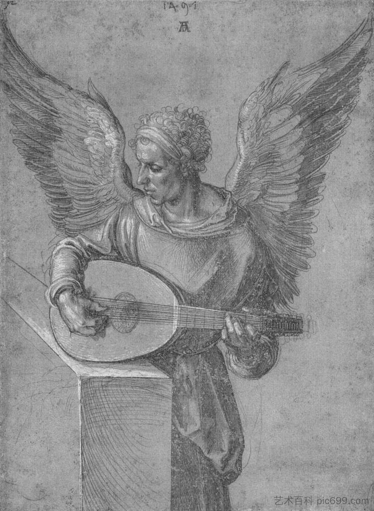 穿着理想主义服装的有翼人，演奏琵琶 Winged Man In Idealistic Clothing, playing a Lute (1497)，阿尔布雷希特·丢勒