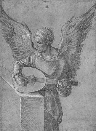 穿着理想主义服装的有翼人，演奏琵琶 Winged Man In Idealistic Clothing, playing a Lute (1497)，阿尔布雷希特·丢勒