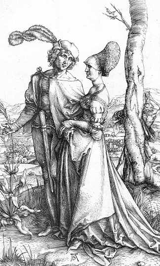 受到死亡威胁的年轻夫妇（长廊） Young Couple Threatened by Death ( Promenade) (c.1498)，阿尔布雷希特·丢勒