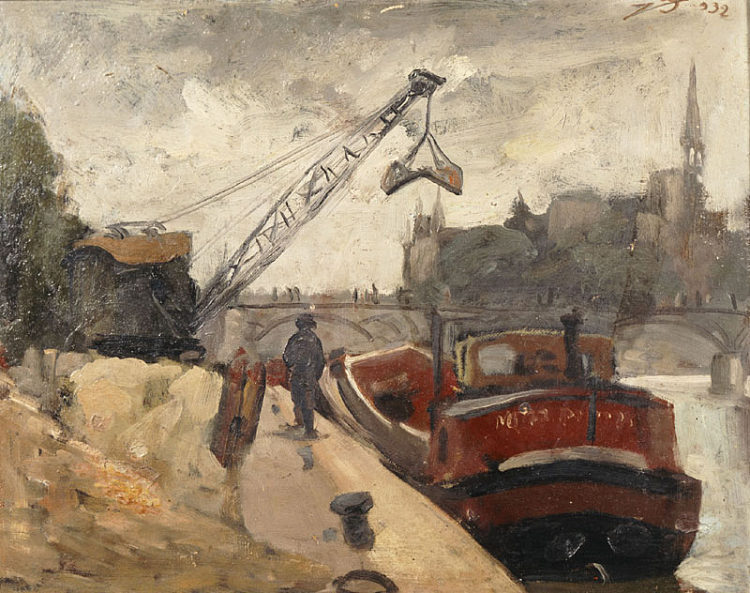 用起重机驳船在塞纳河上装载货物 Loads with a crane barge on the Seine (1932)，阿列科斯科诺托洛斯