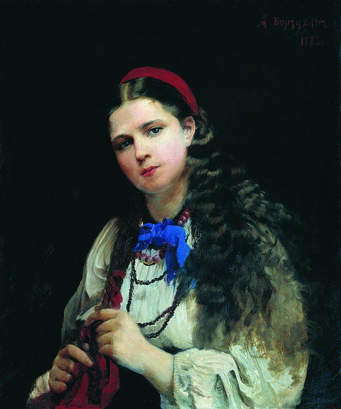 一个女孩在编头发辫子 A Girl Braiding Her Hair (1883)，阿列克谢·科尔祖欣
