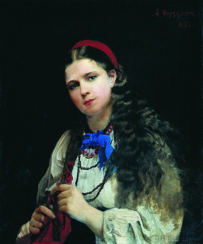 一个女孩在编头发辫子 A Girl Braiding Her Hair (1883)，阿列克谢·科尔祖欣