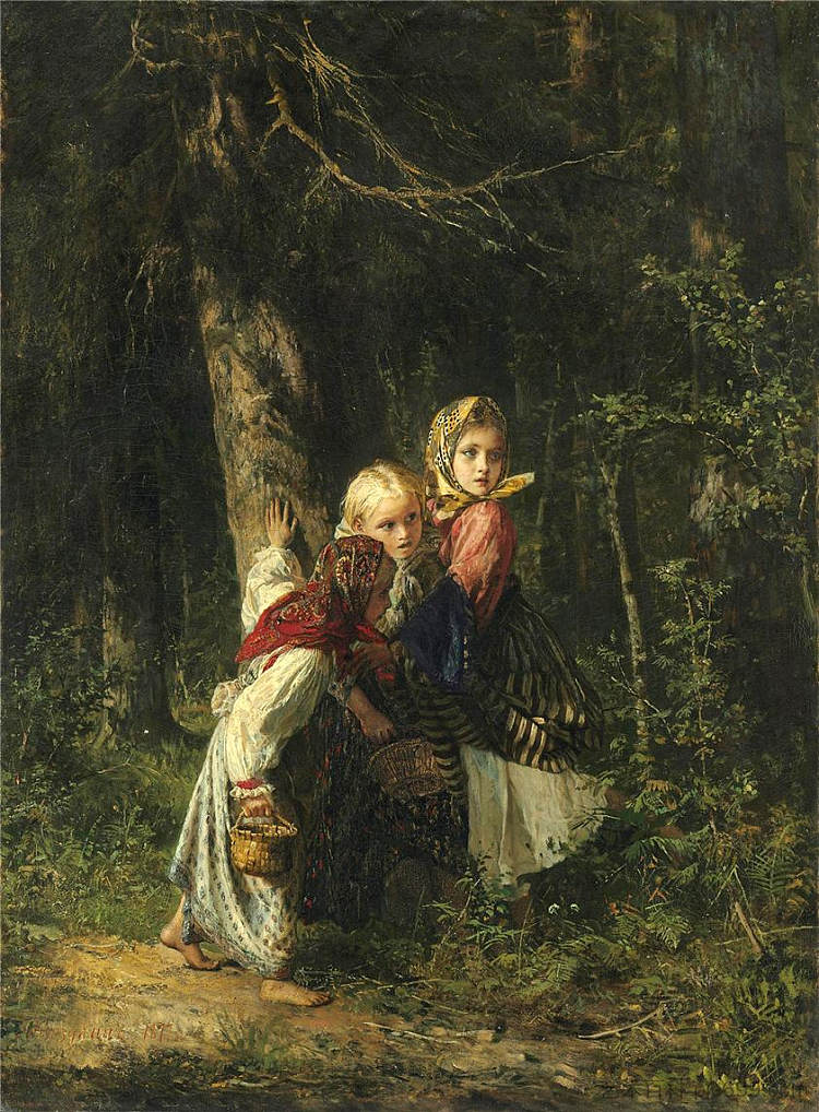 森林里的农家女孩 Peasant Girls in the Forest (1877)，阿列克谢·科尔祖欣