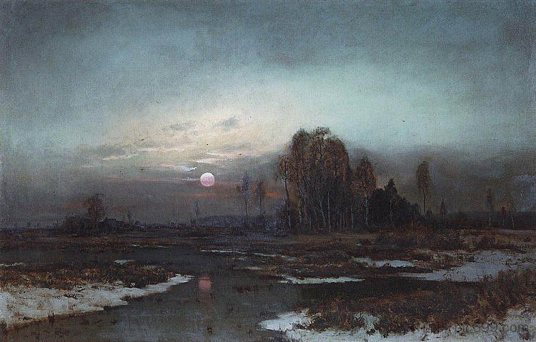秋天的风景与月光下的沼泽河 Autumn Landscape with a swampy river in the moonlight (1871),阿列克谢·孔德拉季耶维奇·萨伏拉索夫